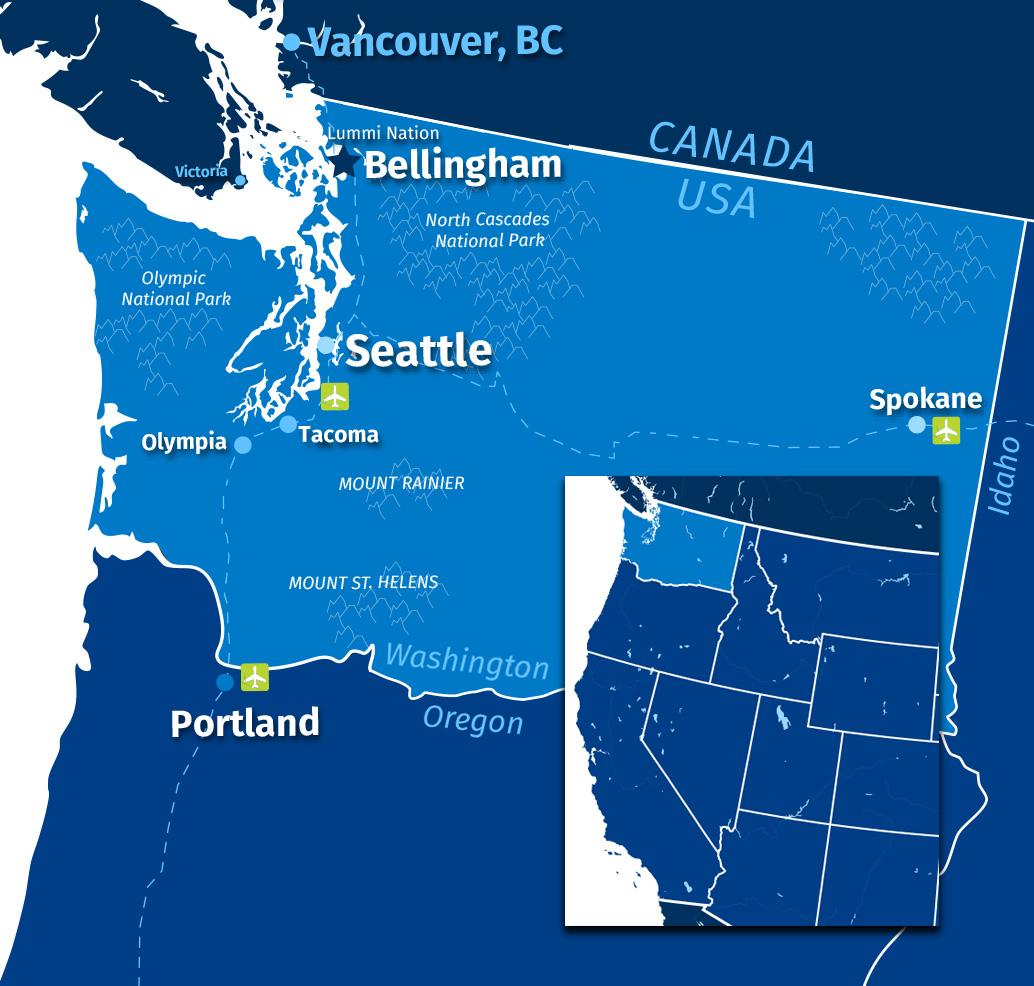 Map of the area. Detail of Bellingham between Vancouver, BC and Seattle. Map showing how far north and west Washington state is from California and rest of the US.