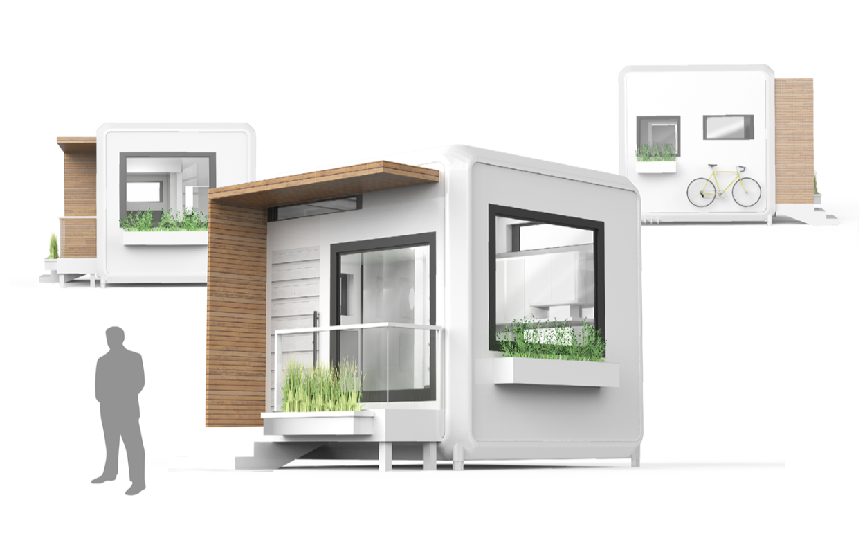 A computer-aided rendering of a tiny home. It is a white cube with a window on two sides. A wooden sun shade hangs over the roof and one edge of the cube. Other angles of the cube show bicycle storage and planterboxes.