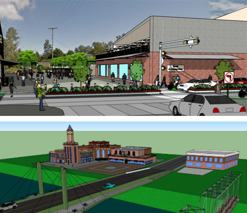 Two computer-aided design renderings: one of proposed changes to second avenue in Ferndale. It shows a mixed-use area with a pedestrian courtyard and trees, parking spaces, and a brick commercial building. Another illustration shows a pedestrian overpass bridge over a body of water, with a small city behind it. The city looks like Ferndale.
