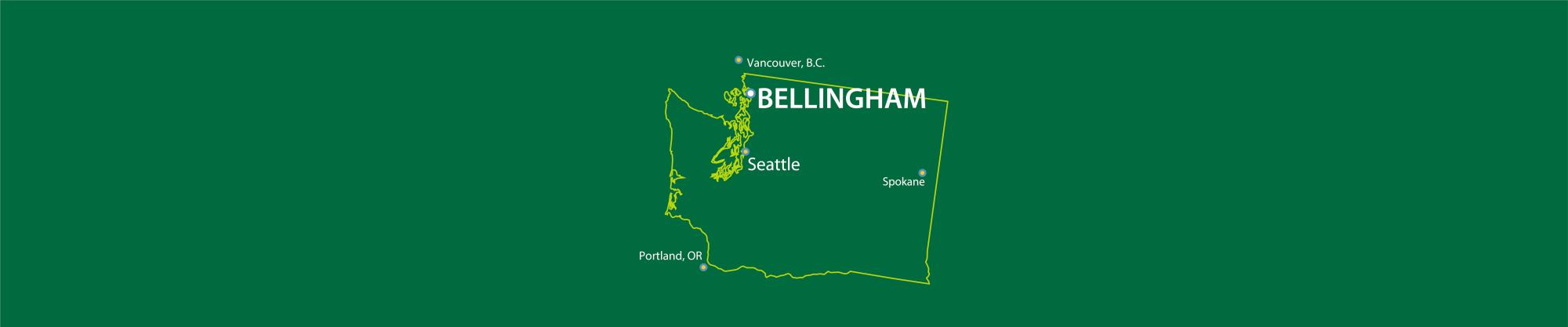 A map of Washington with Bellingham, Seattle, Vancouver BC and other major cities highlighted