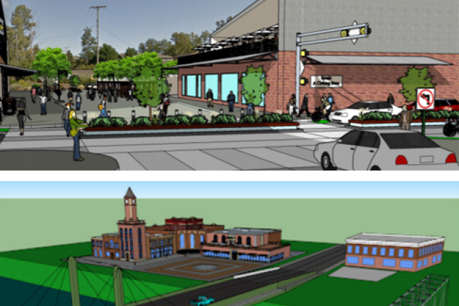 Two computer-aided design renderings: one of proposed changes to second avenue in Ferndale. It shows a mixed-use area with a pedestrian courtyard and trees, parking spaces, and a brick commercial building. Another illustration shows a pedestrian overpass bridge over a body of water, with a small city behind it. The city looks like Ferndale.