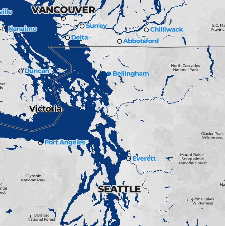 A map of the Washington Coast showing Vancouver, BC; Bellingham; and Seattle.