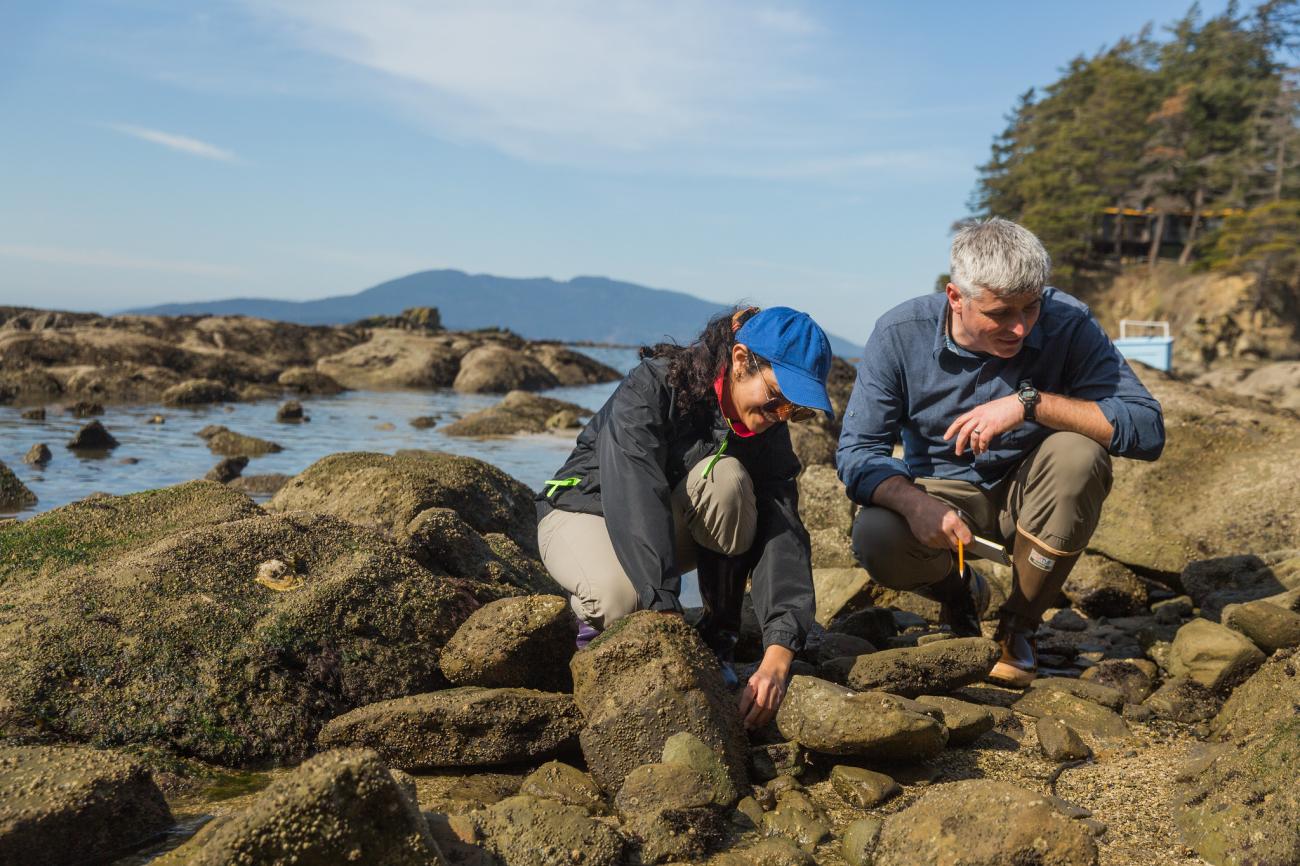 Dr. Marco Hatch, a Samish Indian Nation member, and Assistant Professor at Western Washington University working with an undergraduate research student in local tidal pools.