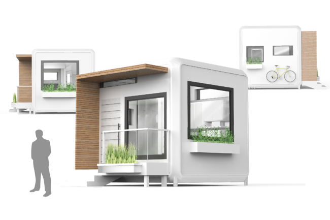 A computer-aided rendering of a tiny home. It is a white cube with a window on two sides. A wooden sun shade hangs over the roof and one edge of the cube. Other angles of the cube show bicycle storage and planterboxes.